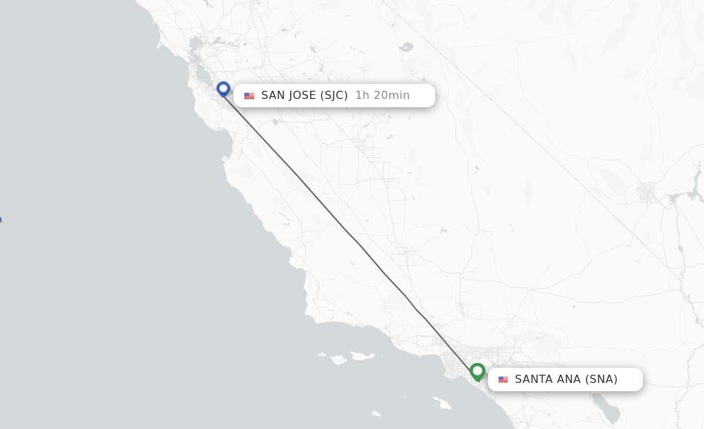 Flights from Santa Ana to San Jose route map