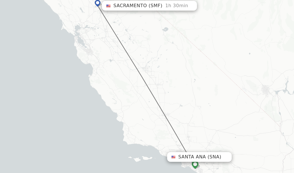 Flights from Santa Ana to Sacramento route map