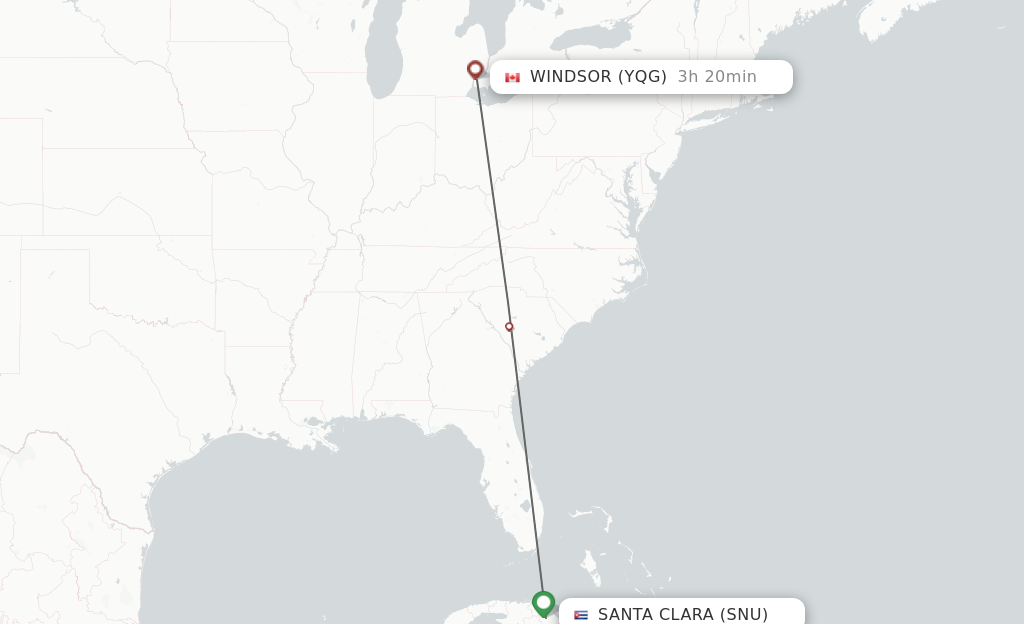 Flights from Santa Clara to Windsor route map
