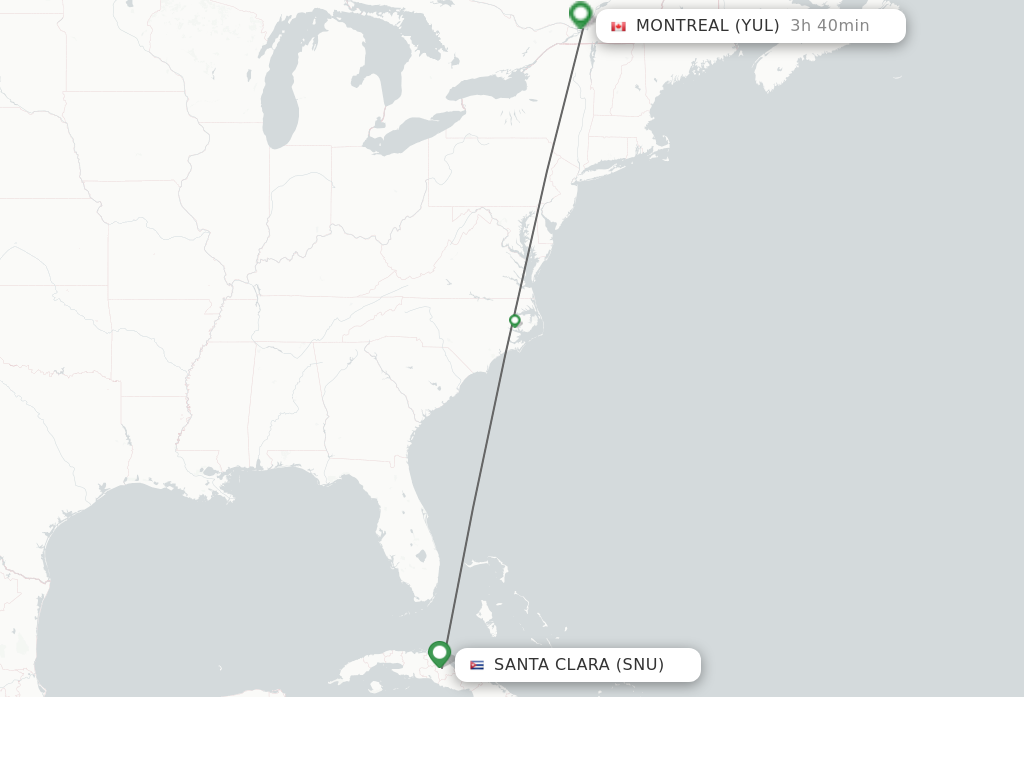 Flights from Santa Clara to Montreal route map