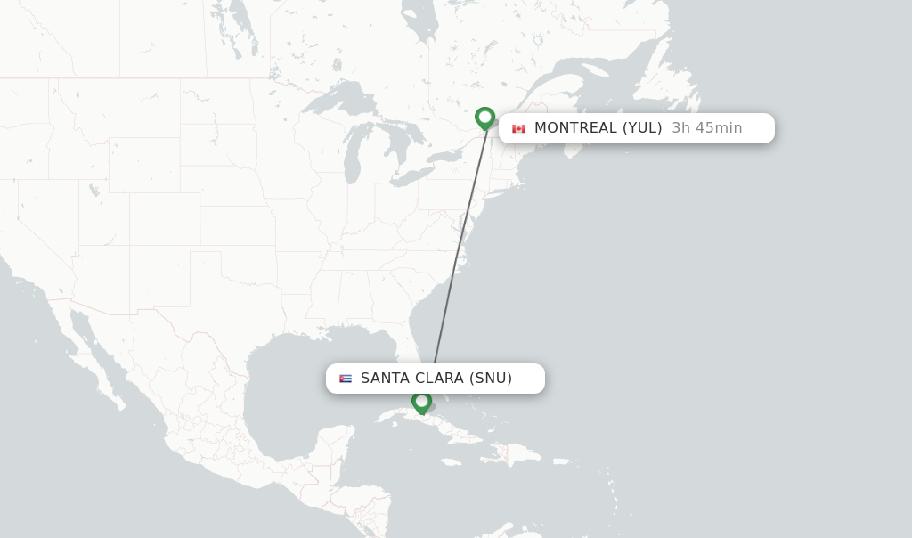 Flights from Santa Clara to Montreal route map