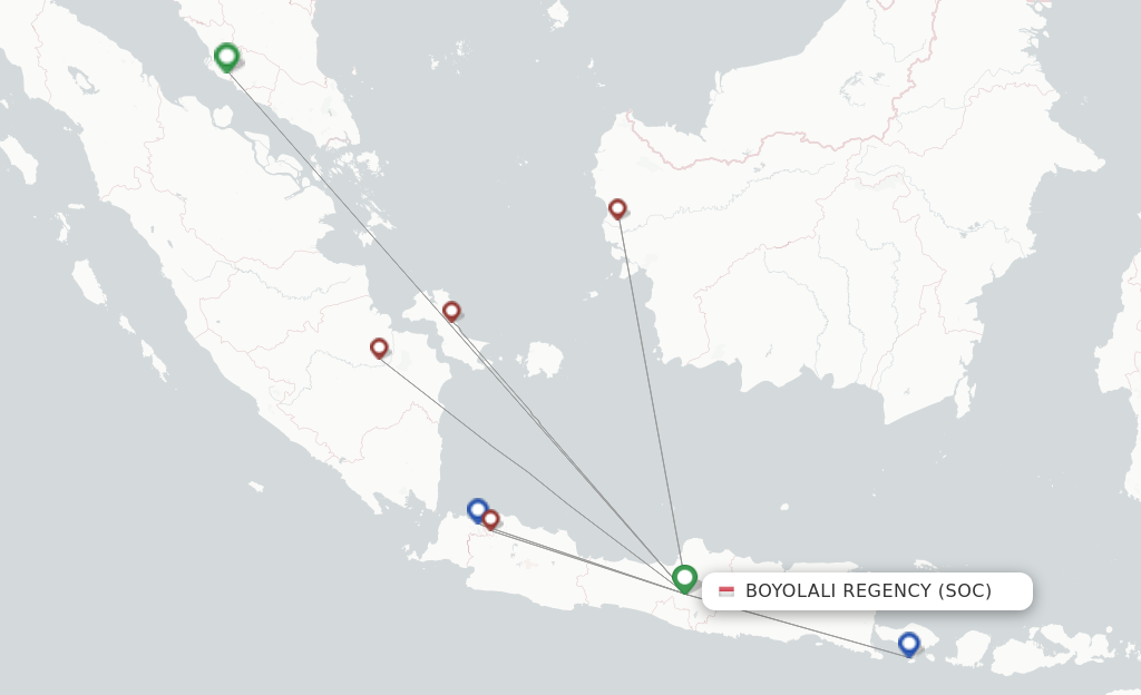 Route map with flights from Surakarta with SW Italia