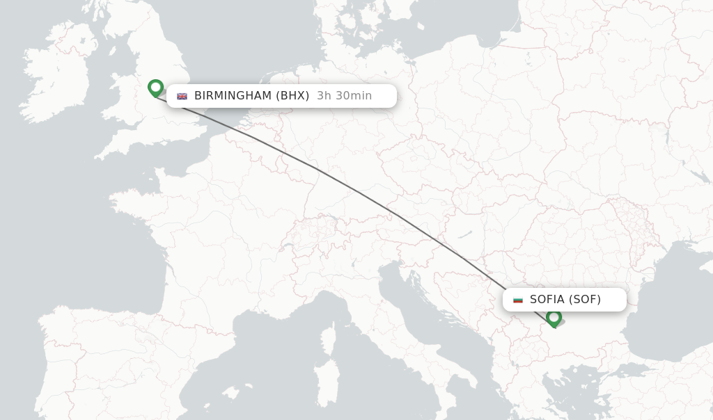 Flights from Sofia to Birmingham route map