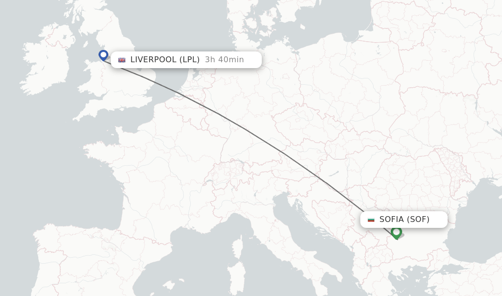 Flights from Sofia to Liverpool route map