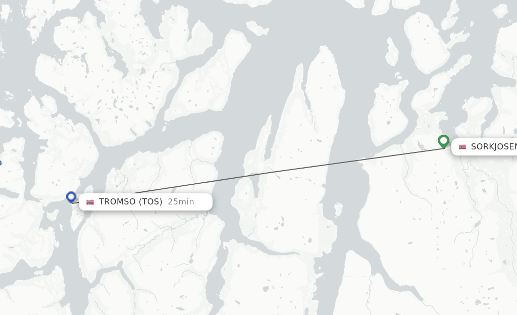 Flights from Sorkjosen to Tromso route map