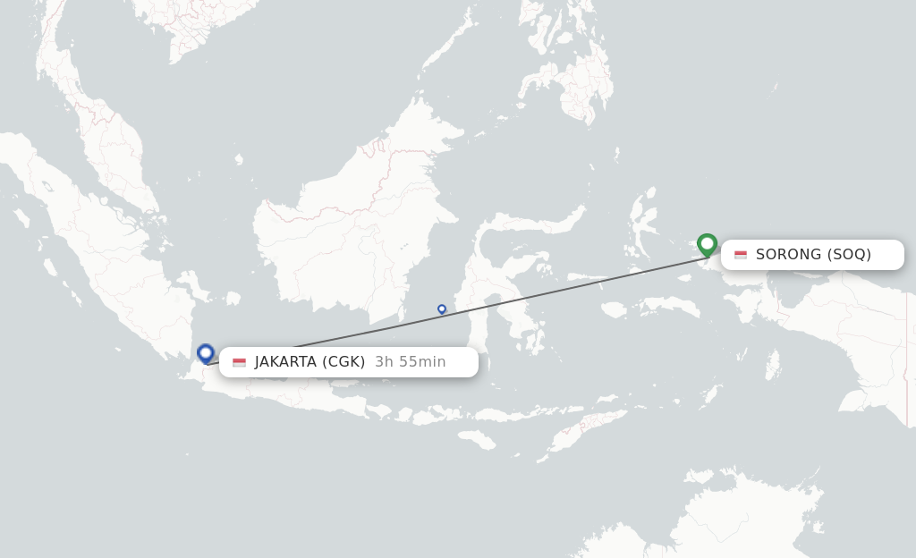 Flights from Sorong to Jakarta route map