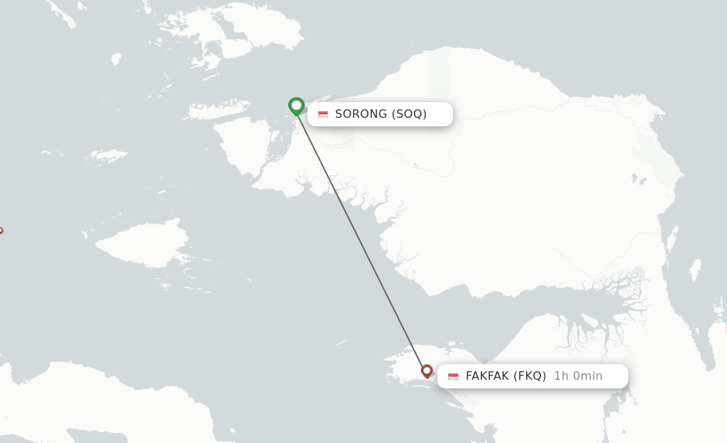 Flights from Sorong to Fak Fak route map