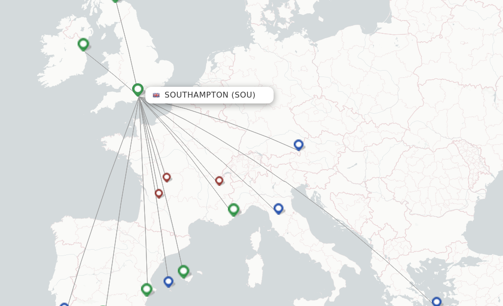 Route map with flights from Southampton with British Airways