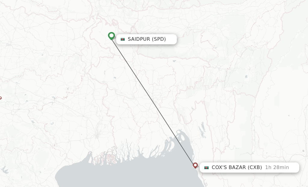 Flights from Saidpur to Coxs Bazar route map