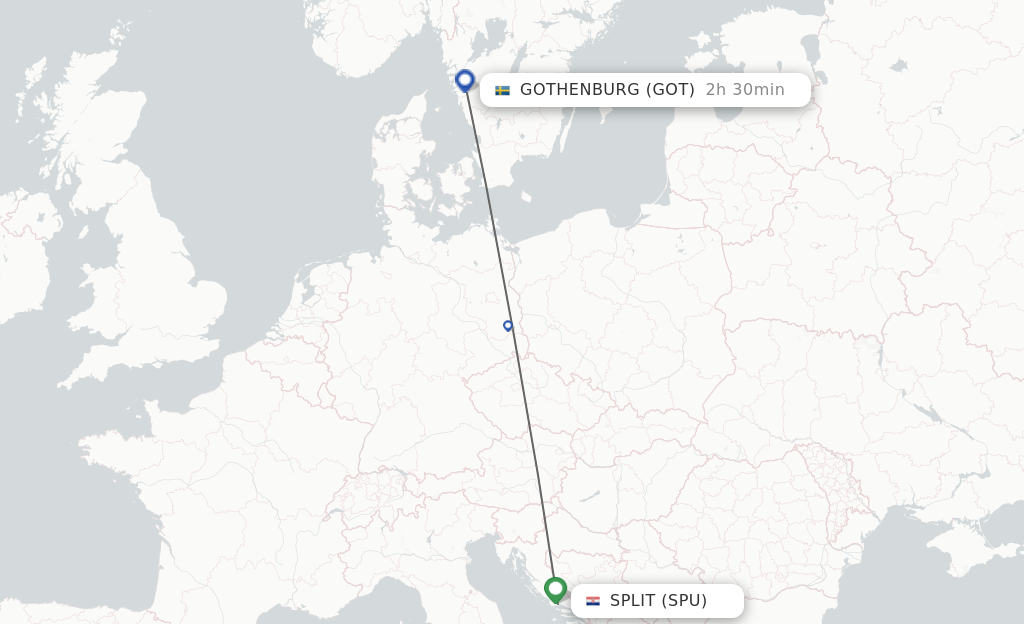 Flights from Split to Gothenburg route map