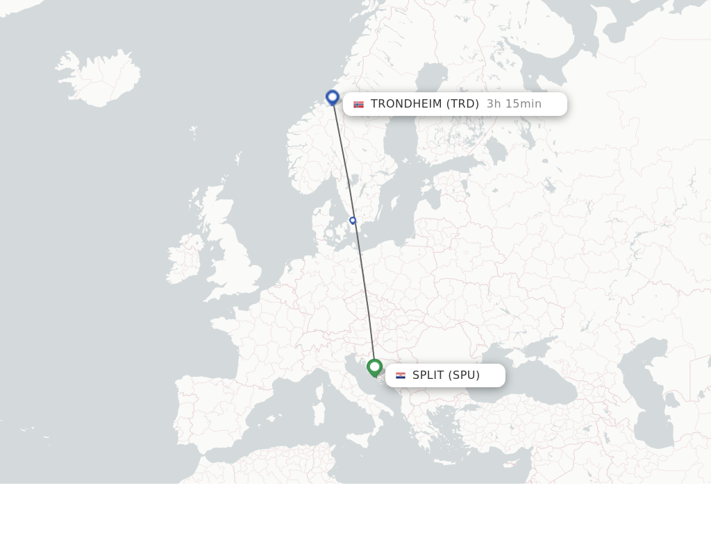 Flights from Split to Trondheim route map