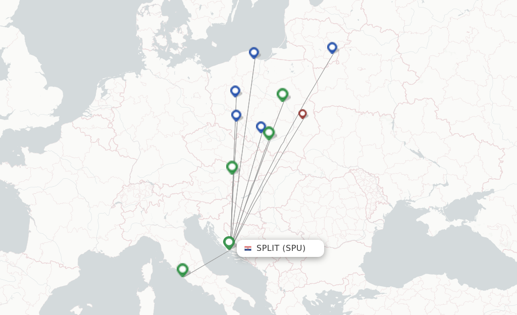 Route map with flights from Split with Wizz Air