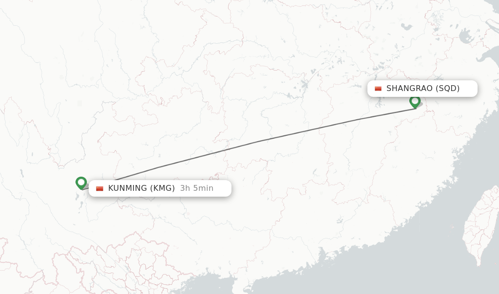 Flights from Kunming to Shangrao route map