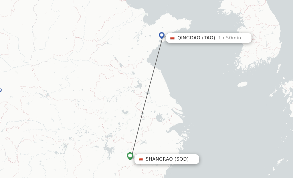 Flights from Shangrao to Qingdao route map