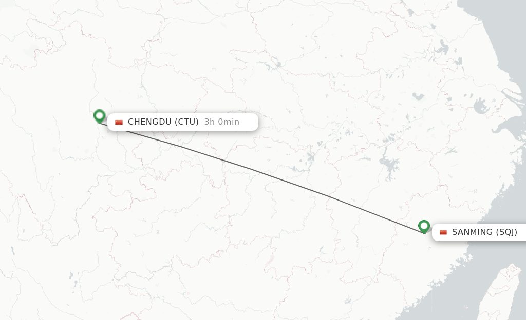 Flights from Sanming to Chengdu route map