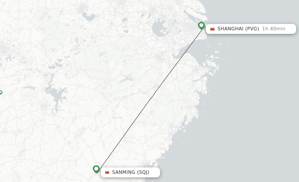 Flights from Sanming to Shanghai route map
