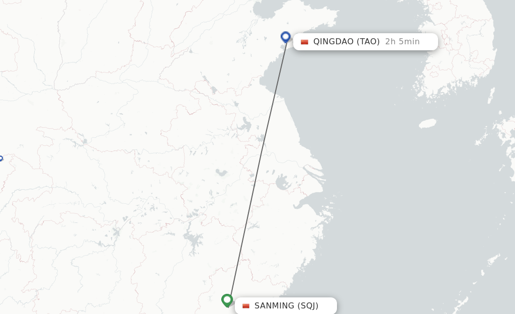 Flights from Sanming to Qingdao route map