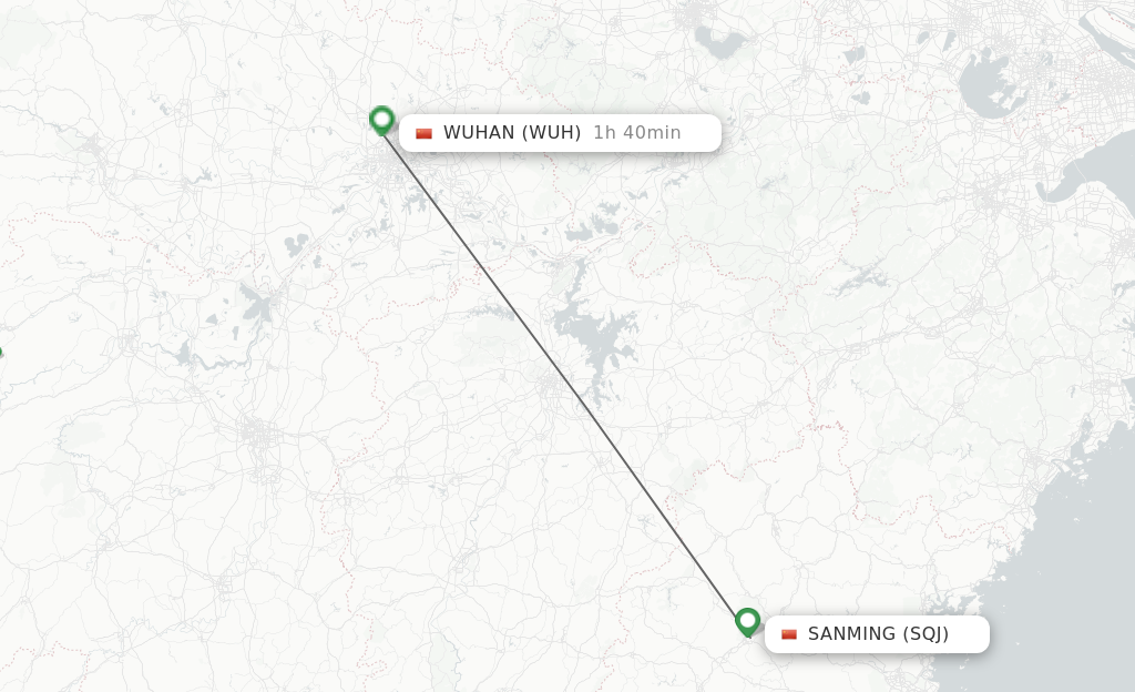 Flights from Sanming to Wuhan route map