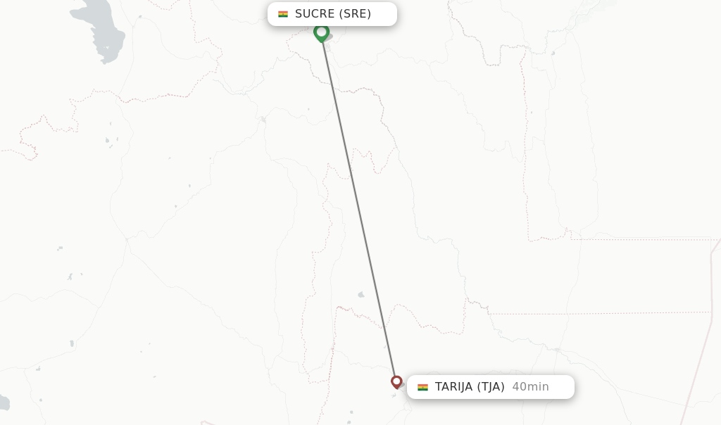 Flights from Sucre to Tarija route map