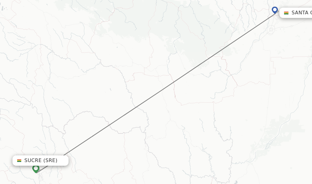 Flights from Sucre to Santa Cruz route map