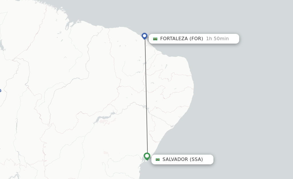 Flights from Salvador to Fortaleza route map