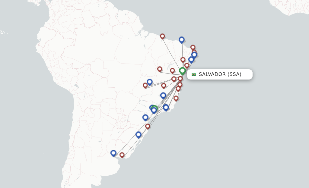 Route map with flights from Salvador with Gol
