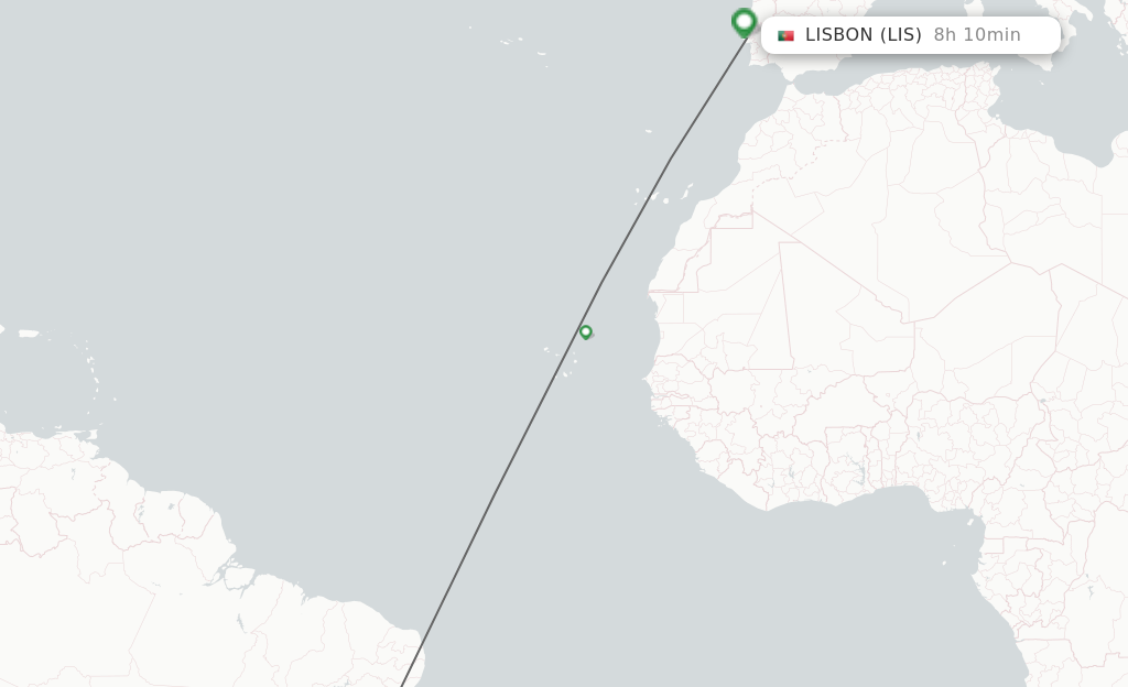 Flights from Salvador to Lisbon route map