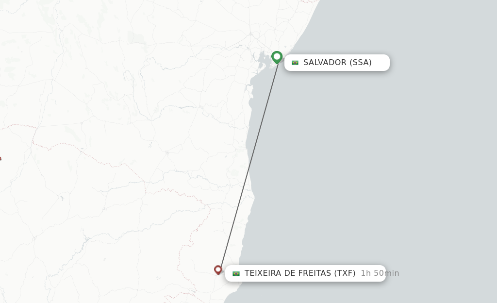 Flights from Salvador to Teixeira de Freitas route map