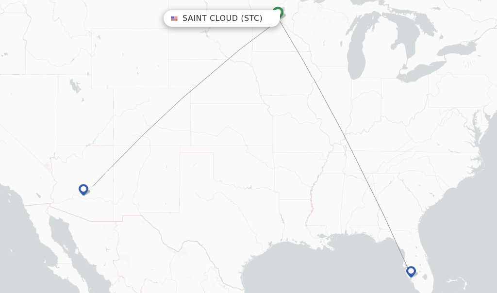 Route map with flights from Saint Cloud with Allegiant