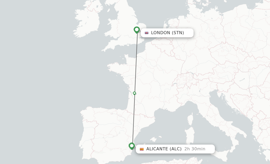 Flights from London to Alicante route map