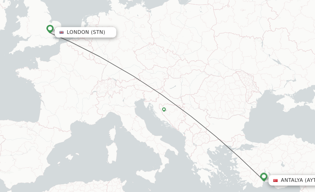 Flights from London to Antalya route map