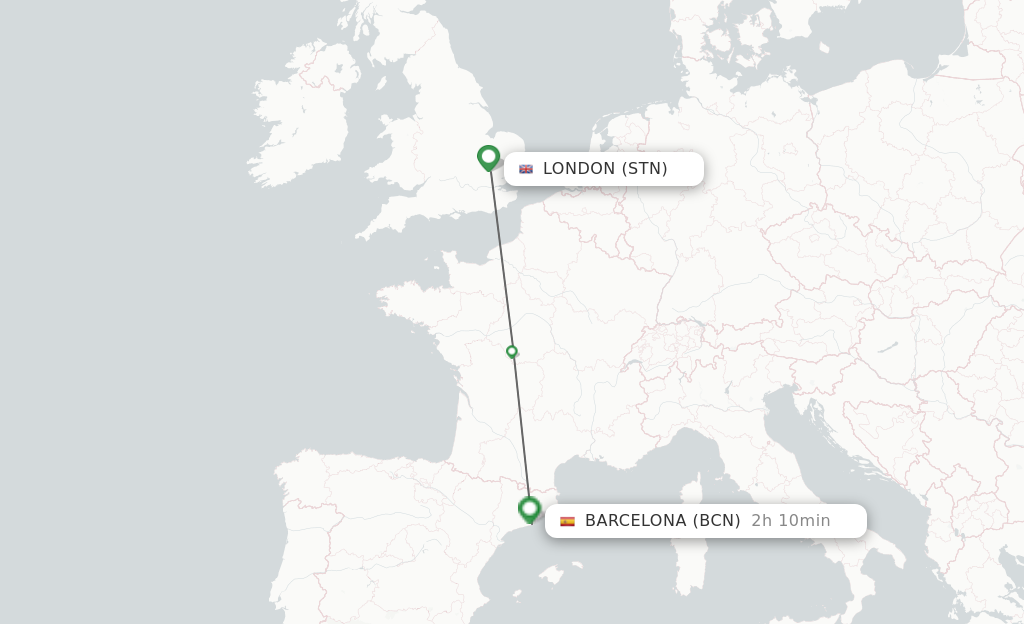 Flights from London to Barcelona route map