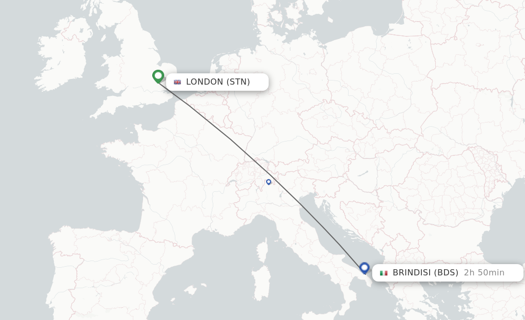 Flights from London to Brindisi route map
