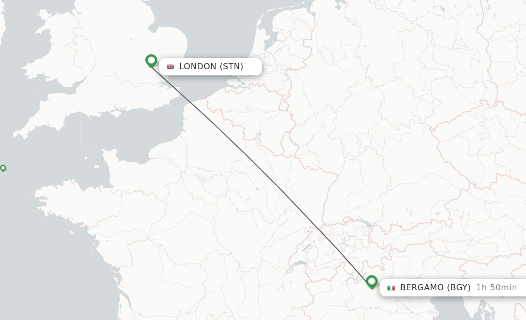 Flights from London to Bergamo route map
