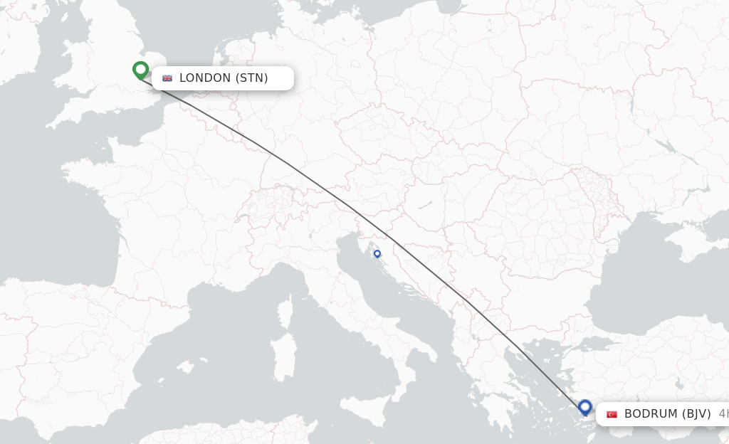 Flights from London to Bodrum route map