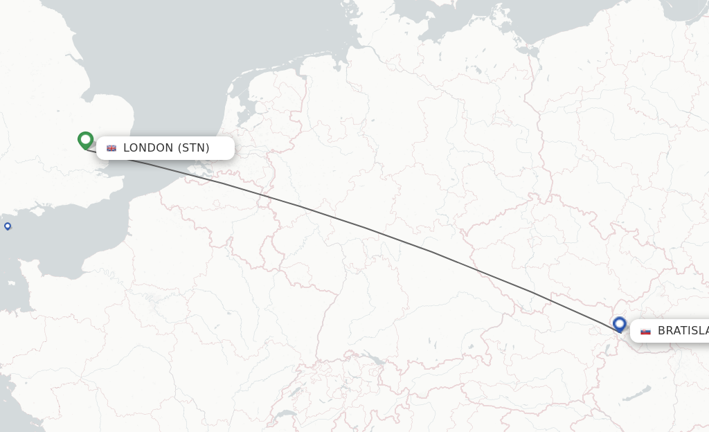 Flights from London to Bratislava route map
