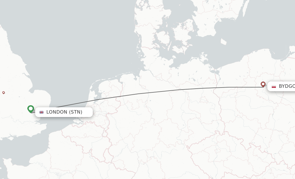 Flights from London to Bydgoszcz route map