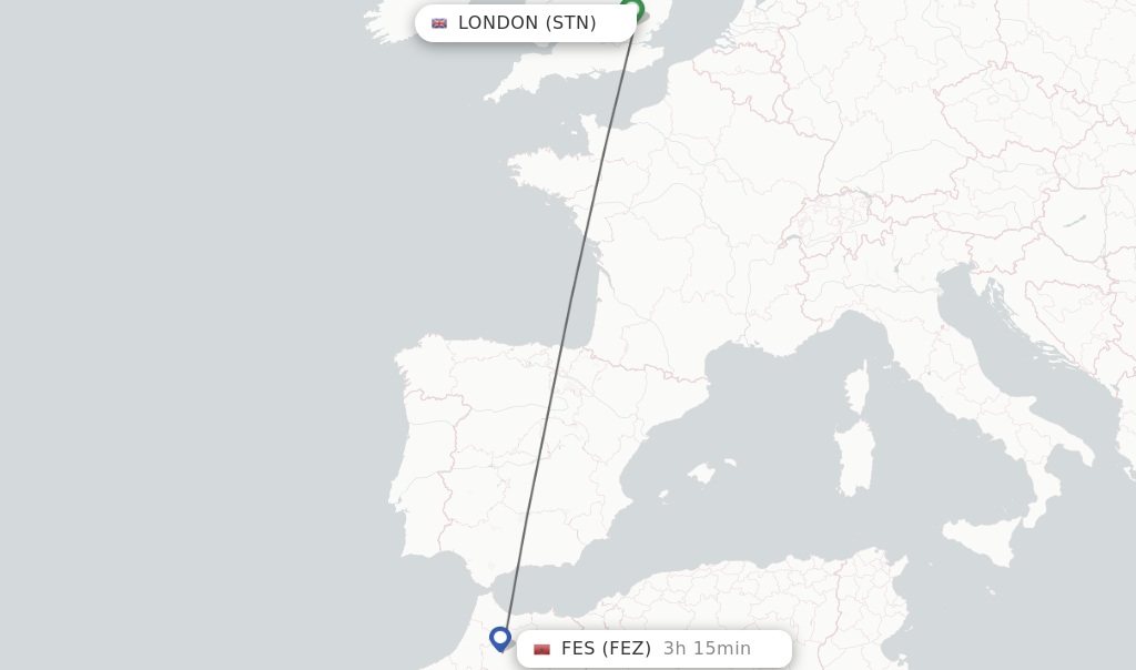 Flights from London to Fes route map