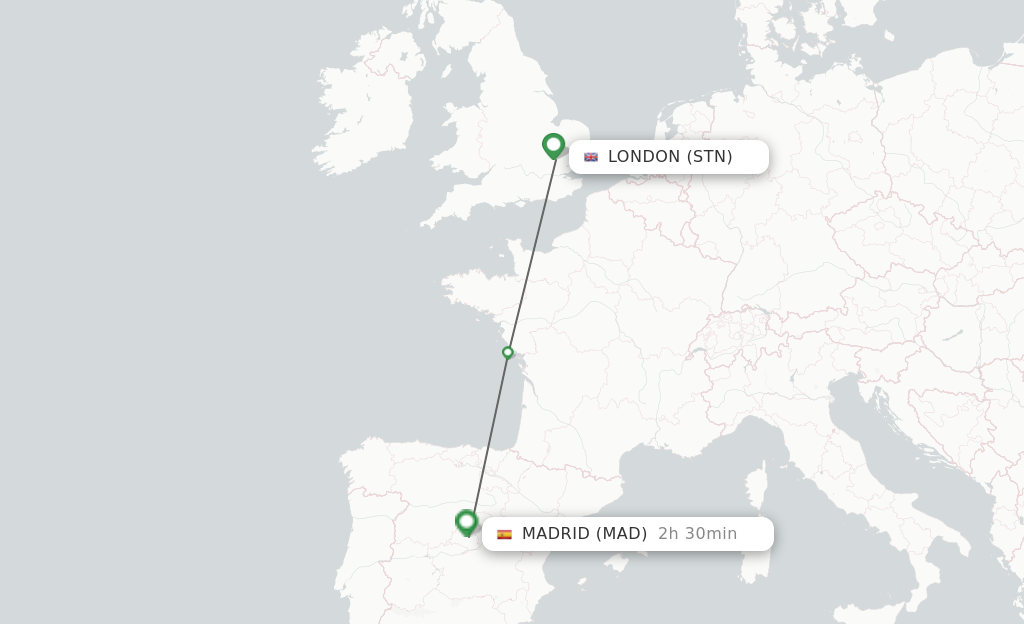 Flights from London to Madrid route map