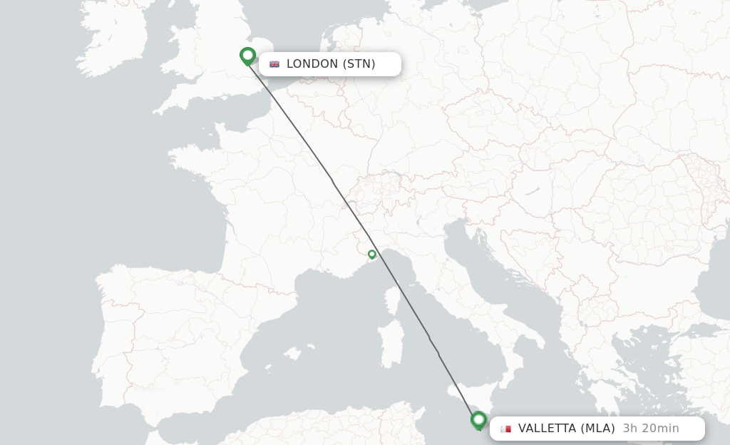 Flights from London to Malta route map