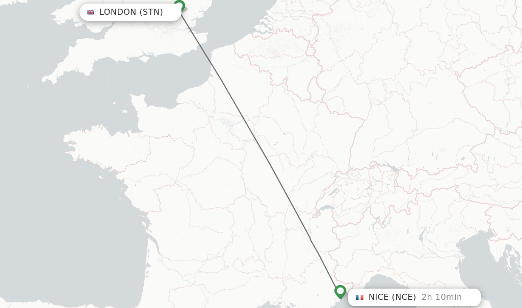 Flights from London to Nice route map