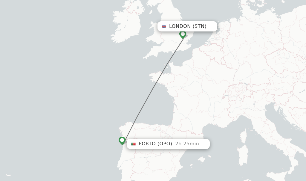 Flights from London to Porto route map