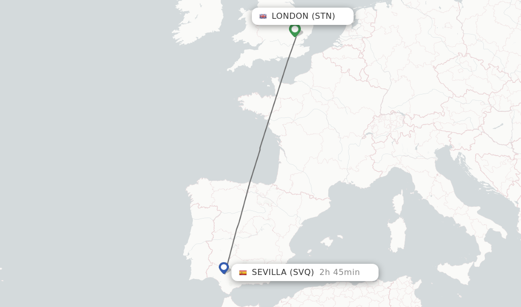 Flights from London to Sevilla route map