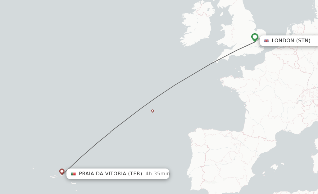Flights from London to Terceira route map