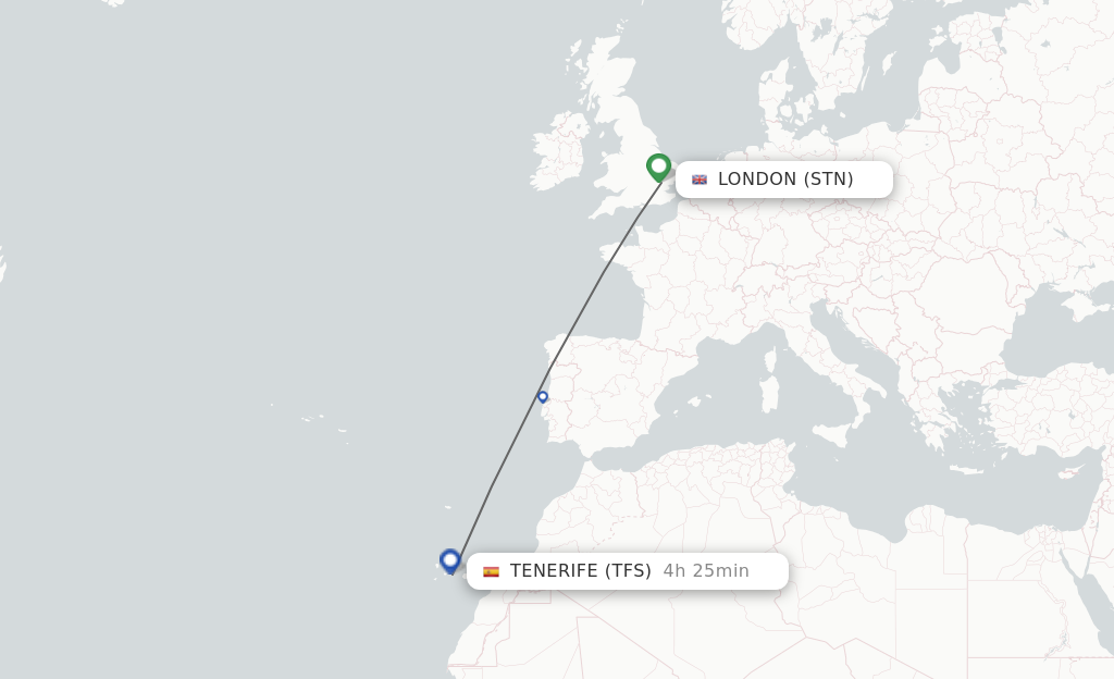 Flights from London to Tenerife route map