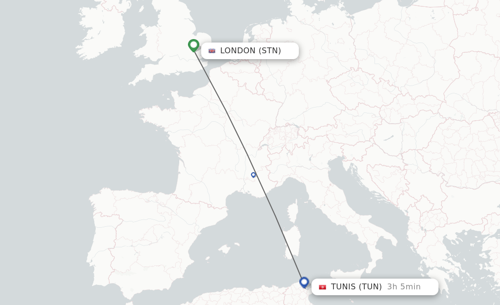 Flights from London to Tunis route map