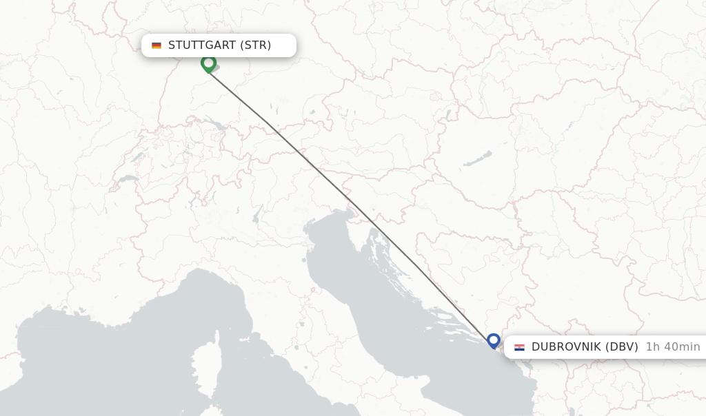 Flights from Stuttgart to Dubrovnik route map