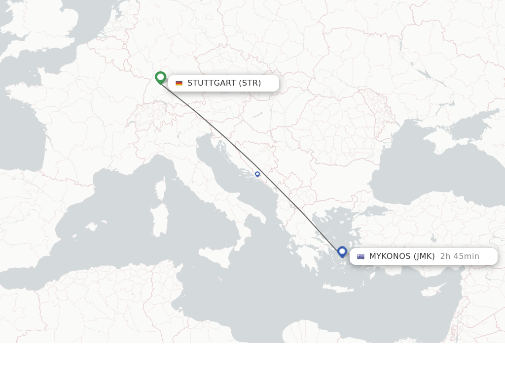 Flights from Stuttgart to Mykonos route map