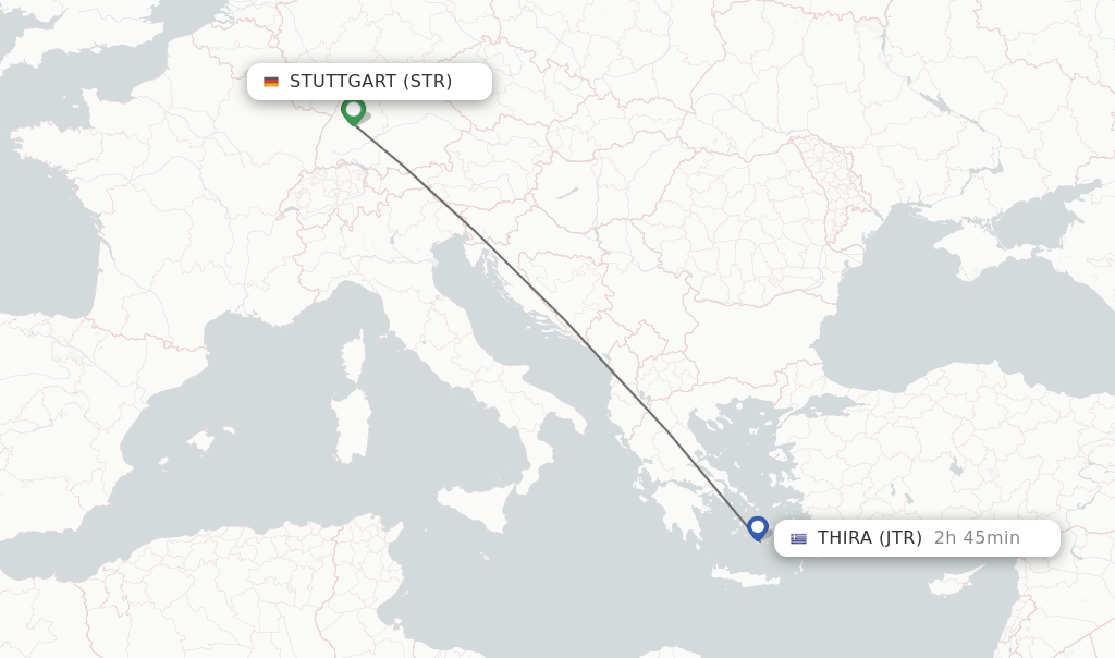 Flights from Stuttgart to Thira route map