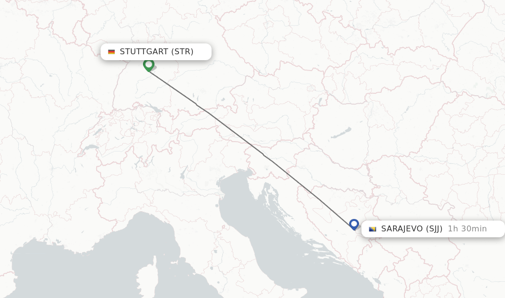 Flights from Stuttgart to Sarajevo route map